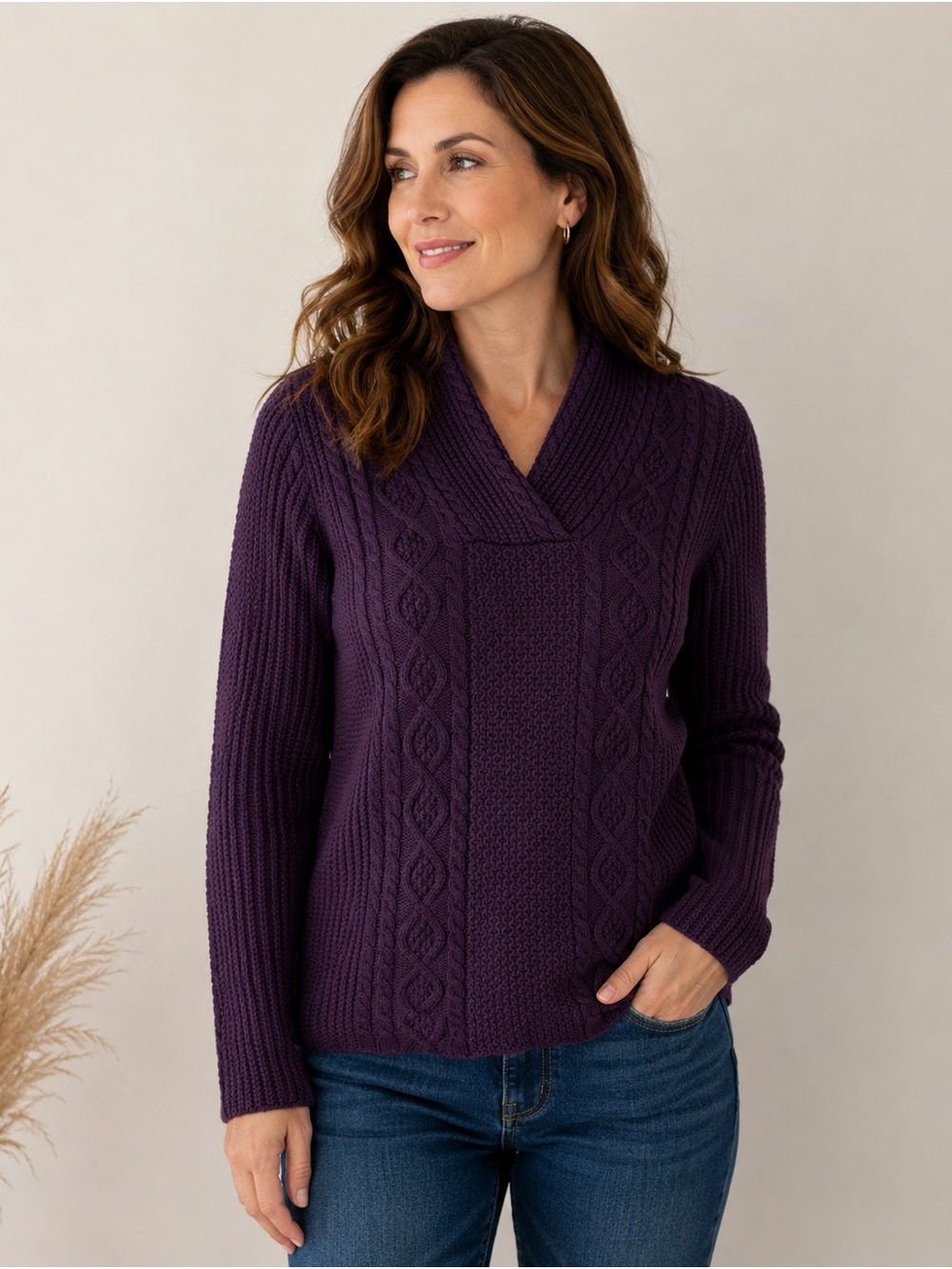 Jeanne Pierre Women’s Purple Cable Knit Shawl Collar Sweater – Size Medium